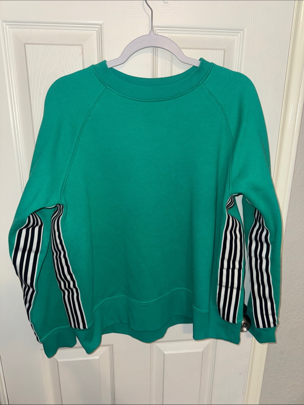 Teal Crewneck Sweatshirt with Black & White Stripe Detail